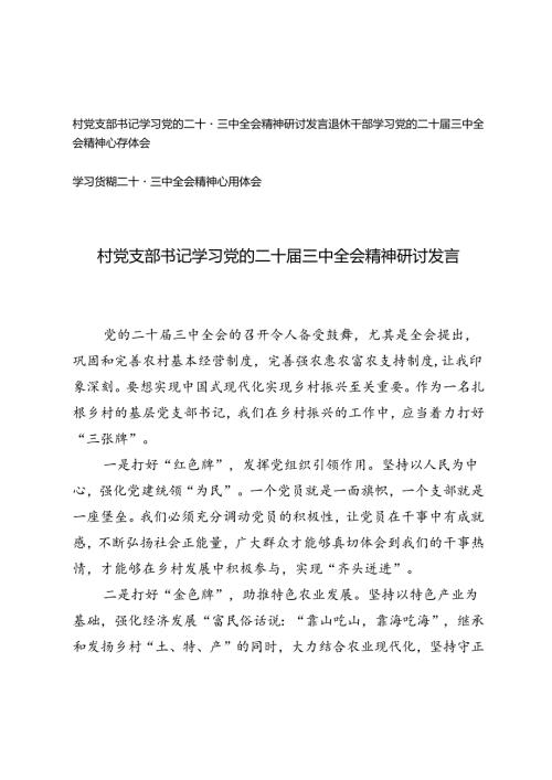 3篇 村党支部书记、退休干部学习党的二十三中全会精神研讨发言.docx