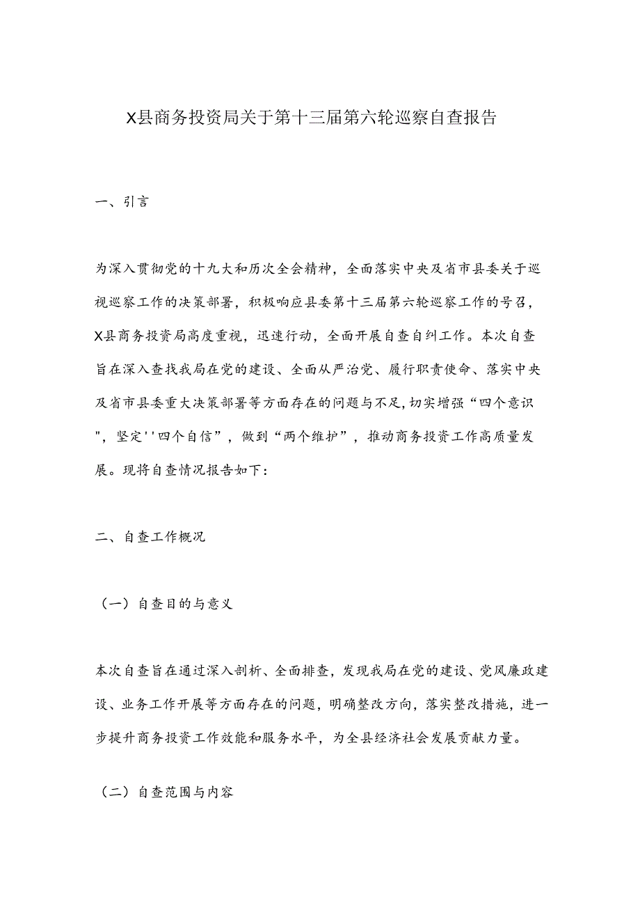 X县商务投资局关于第十三第六轮巡察自查报告.docx_第1页