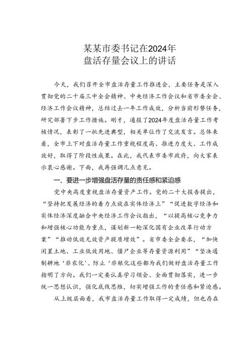 某某市委书记在2024年盘活存量会议上的讲话.docx
