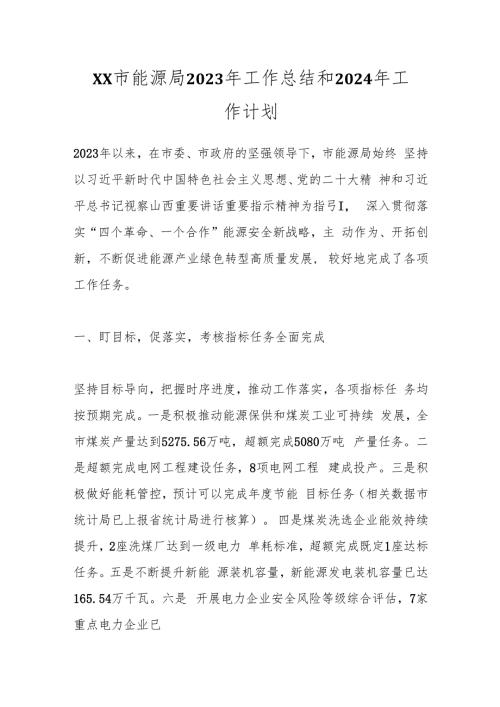 XX市能源局2023年工作总结和2024年工作计划.docx