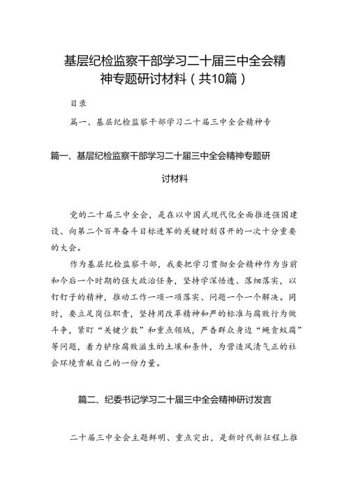 （10篇）基层纪检监察干部学习二十三中全会精神专题研讨材料（精选）.docx