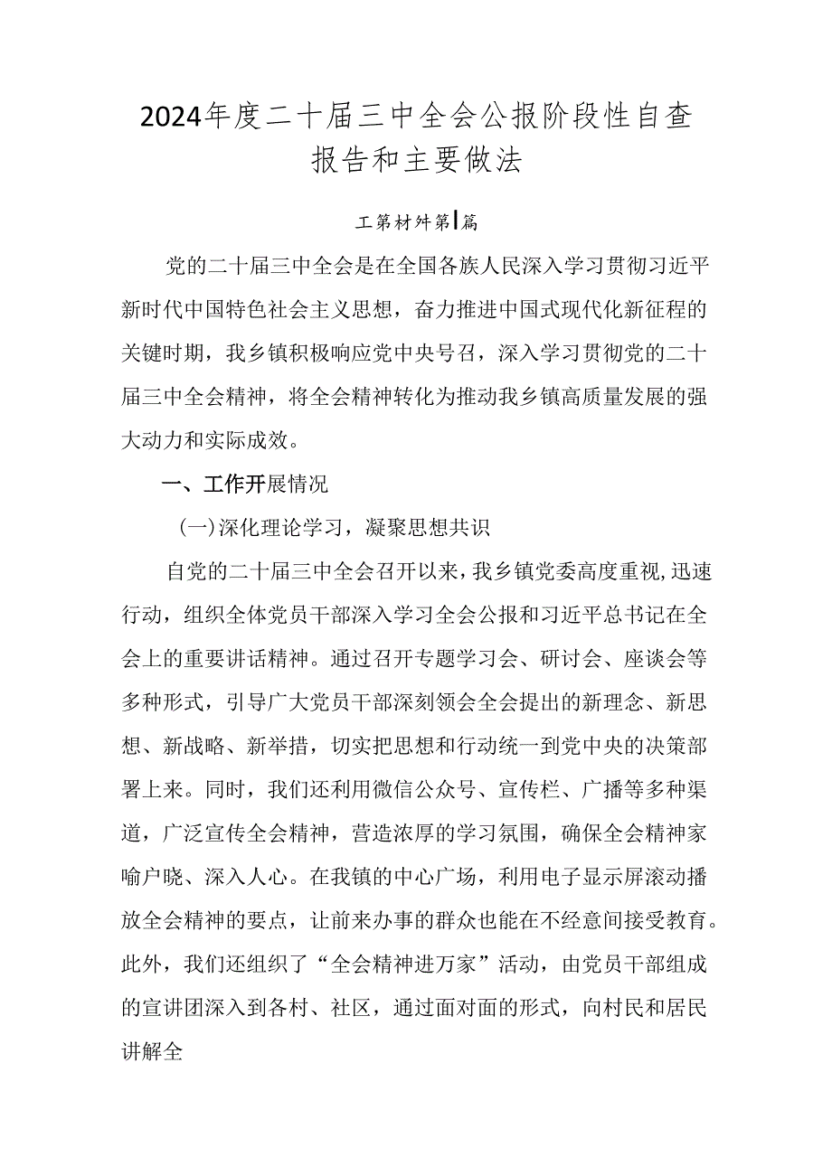 2024二十三中全会公报阶段性自查报告和主要做法.docx_第1页