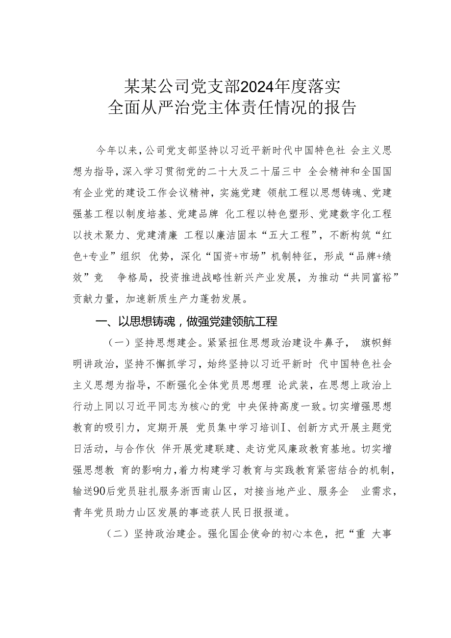 某某公司党支部2024落实全面从严治党主体责任情况的报告.docx