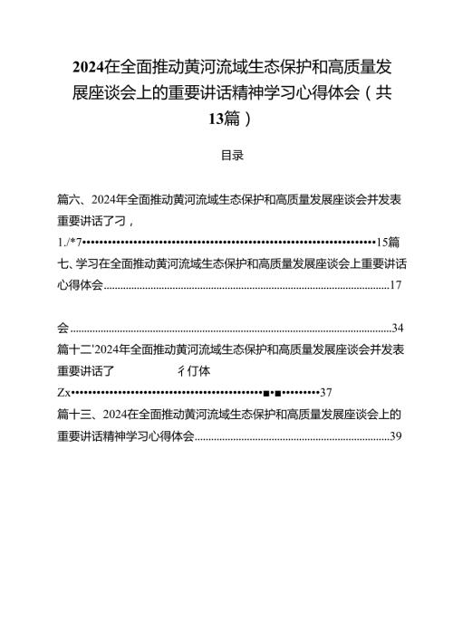 在全面推动黄河流域生态保护和高质量发展座谈会上的重要讲话精神学习心得体会13篇（精编版）.docx