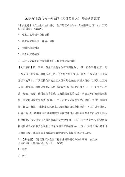 2024年上海市安全员B证（项目负责人）考试试题题库.docx