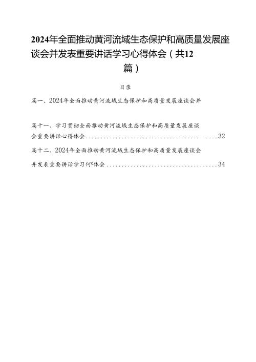 2024年全面推动黄河流域生态保护和高质量发展座谈会并发表重要讲话学习心得体会12篇（精选）.docx