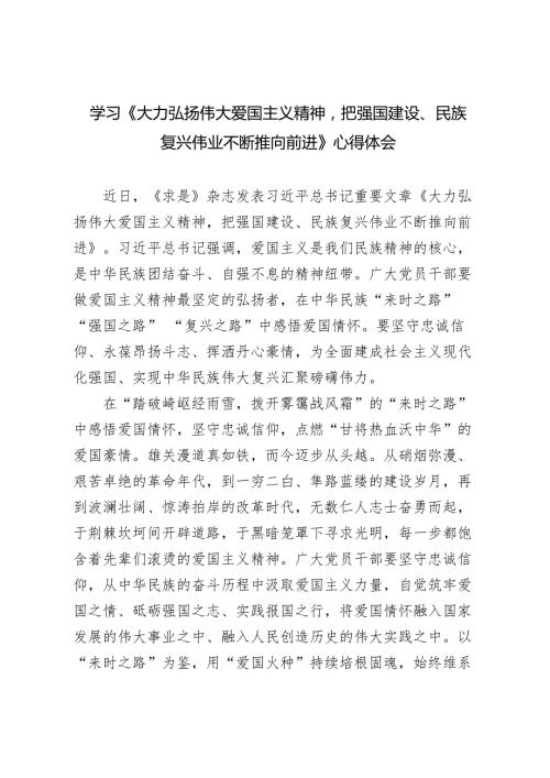 10篇 2024年学习《大力弘扬伟大爱国主义精神把强国建设、民族复兴伟业不断推向前进》感悟研讨发言心得体会.docx