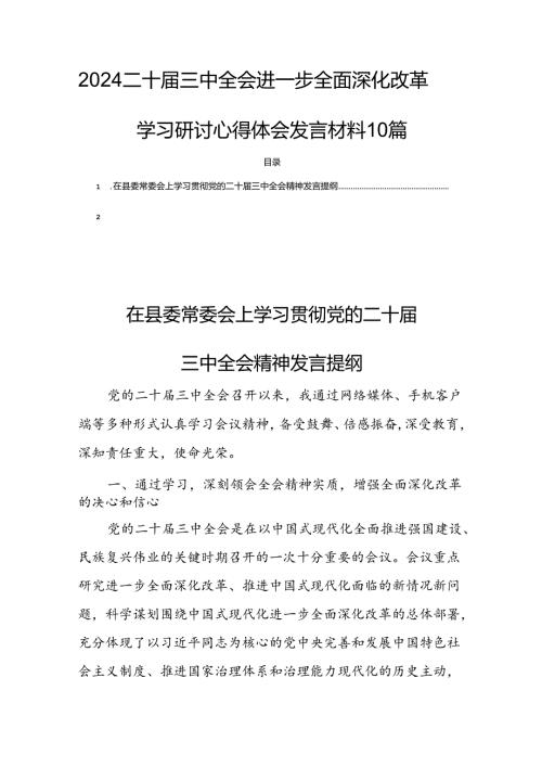 2024二十三中全会进一步全面深化改革学习研讨心得体会发言材料10篇.docx