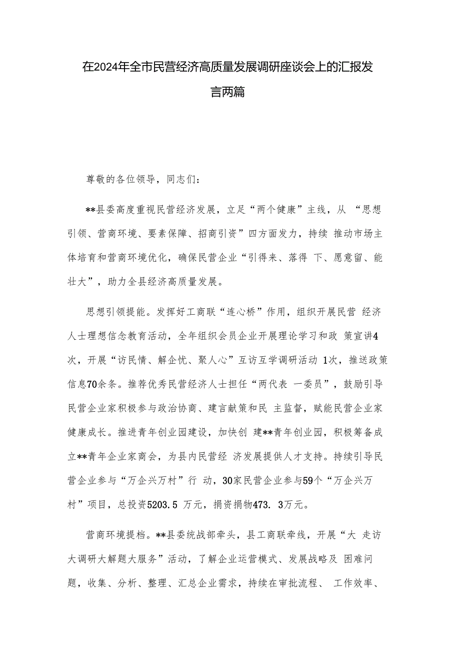 在2024年全市民营经济高质量发展调研座谈会上的汇报发言两篇.docx
