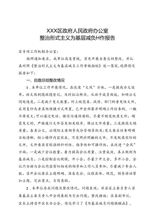 2024区政府办公室整治形式主义为基层减负工作报告.docx
