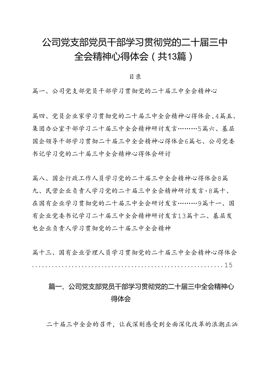 （13篇）公司党支部党员干部学习贯彻党的二十三中全会精神心得体会（最新版）.docx_第1页