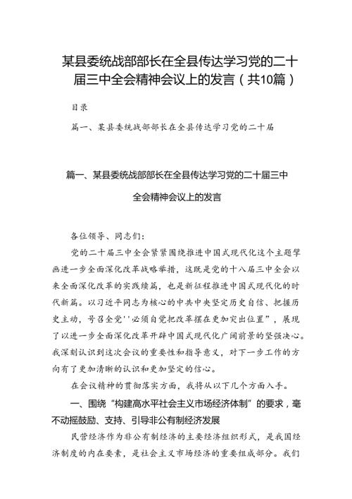 （10篇）某县委统战部部长在全县传达学习党的二十三中全会精神会议上的发言范文.docx