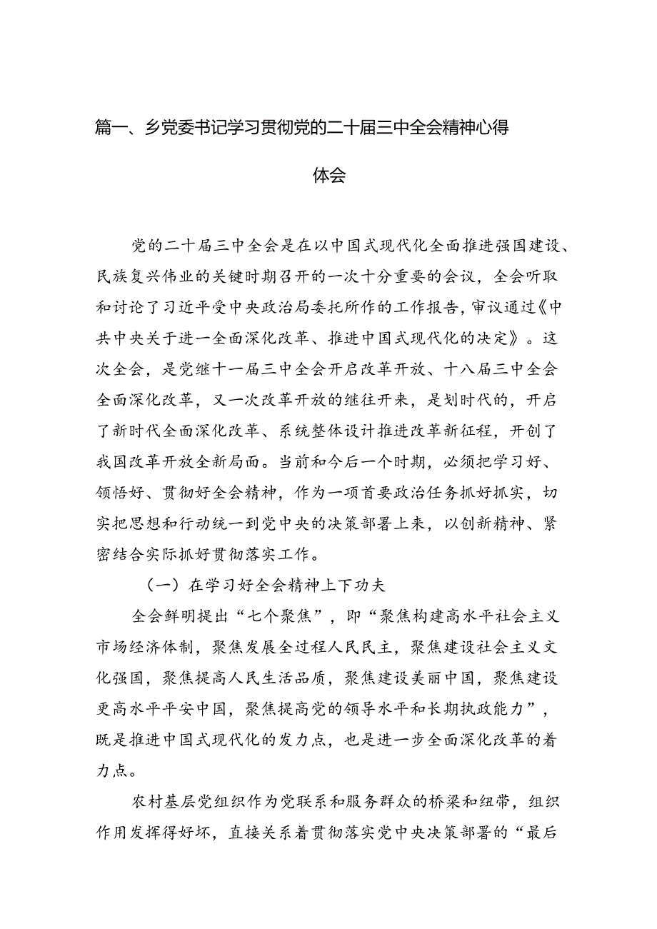 （10篇）乡党委书记学习贯彻党的二十三中全会精神心得体会专题资料.docx_第2页