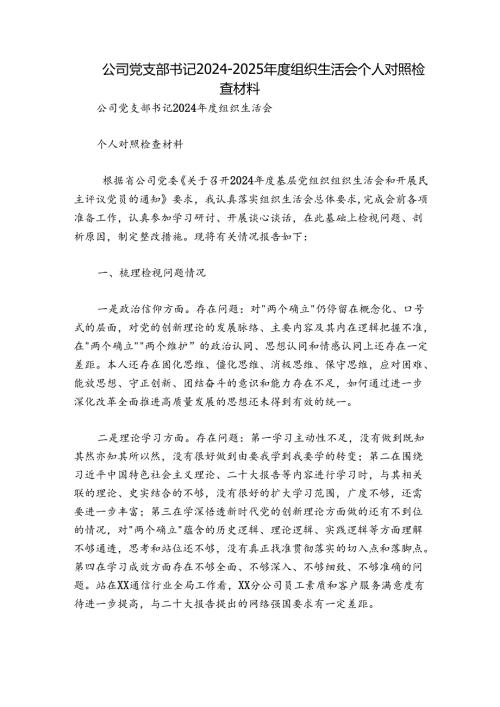公司党支部书记20242025组织生活会个人对照检查材料.docx