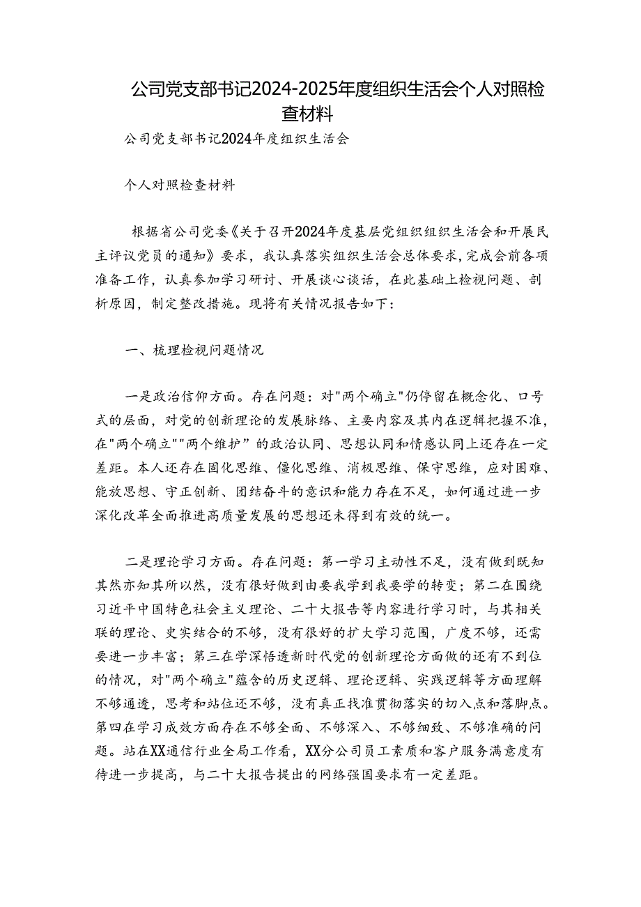 公司党支部书记20242025组织生活会个人对照检查材料.docx_第1页