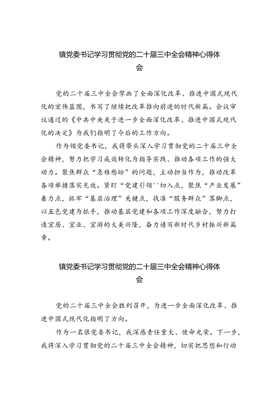（9篇）镇党委书记学习贯彻党的二十三中全会精神心得体会(完整版).docx_第1页