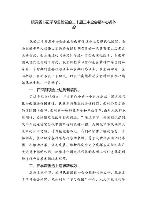 乡镇基层党员干部学习贯彻党的二十三中全会精神心得体会8篇（最新版）.docx