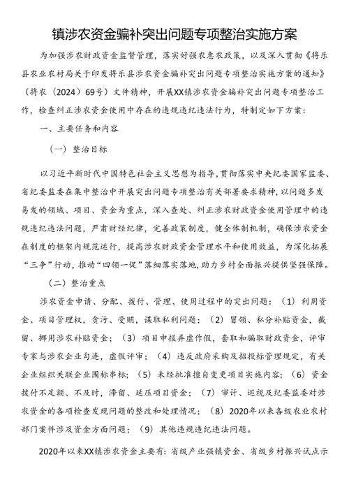镇涉农资金骗补突出问题专项整治实施方案.docx