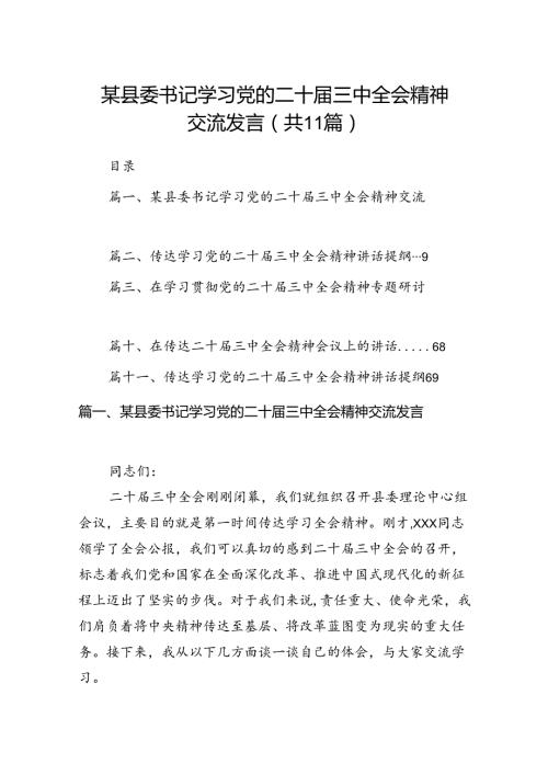 （11篇）某县委书记学习党的二十三中全会精神交流发言范文.docx