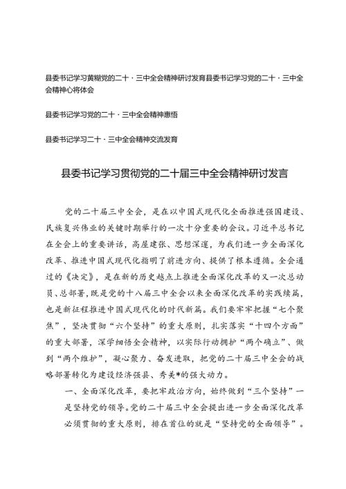 4篇 2024年县委书记学习贯彻党的二十三中全会精神研讨发言心得体会、交流发言.docx