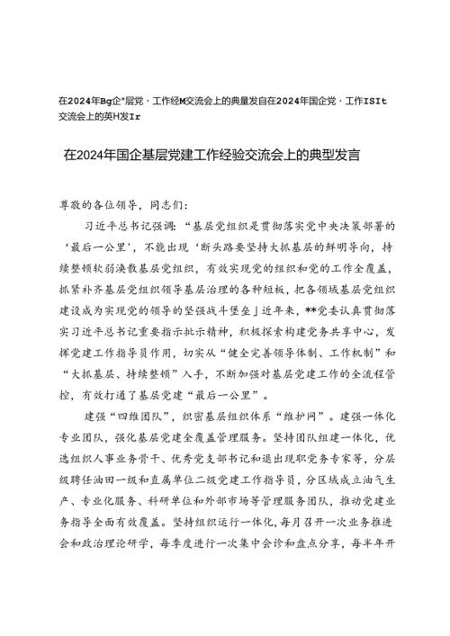 2篇范文 在2024年国企党建工作经验交流会上的典型发言.docx
