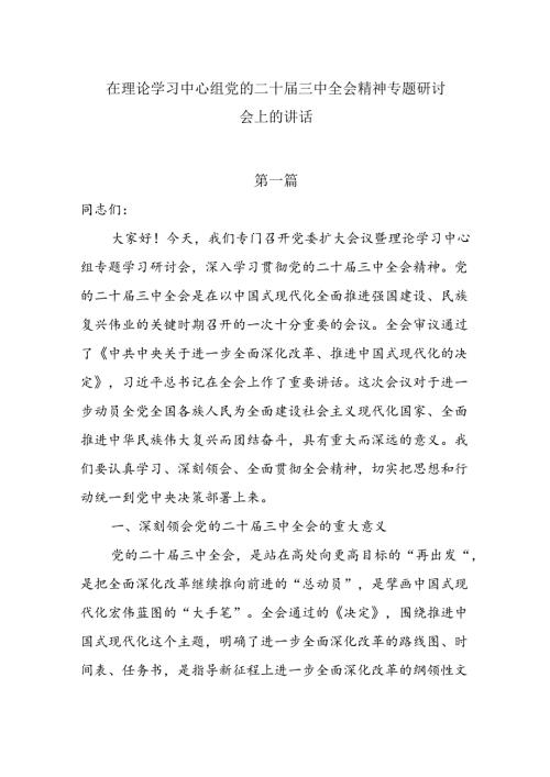 10篇在理论学习中心组党的二十三中全会精神专题研讨会上的讲话及发言材料.docx