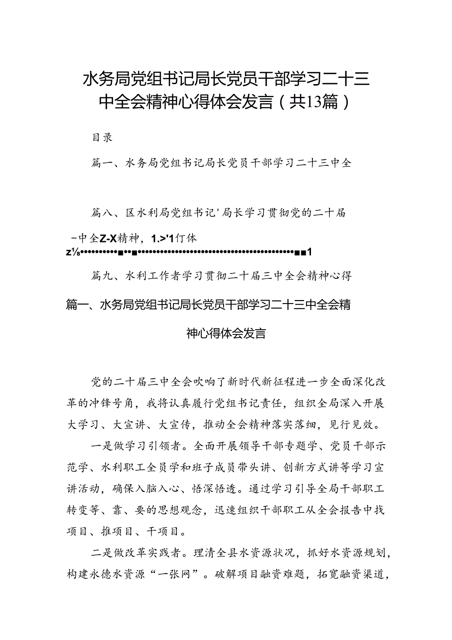 （13篇）水务局党组书记局长党员干部学习二十三中全会精神心得体会发言（精编版）.docx_第1页