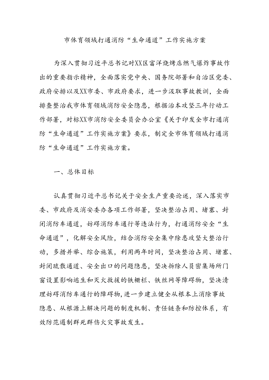 市体育领域打通消防“生命通道”工作实施方案.docx_第1页