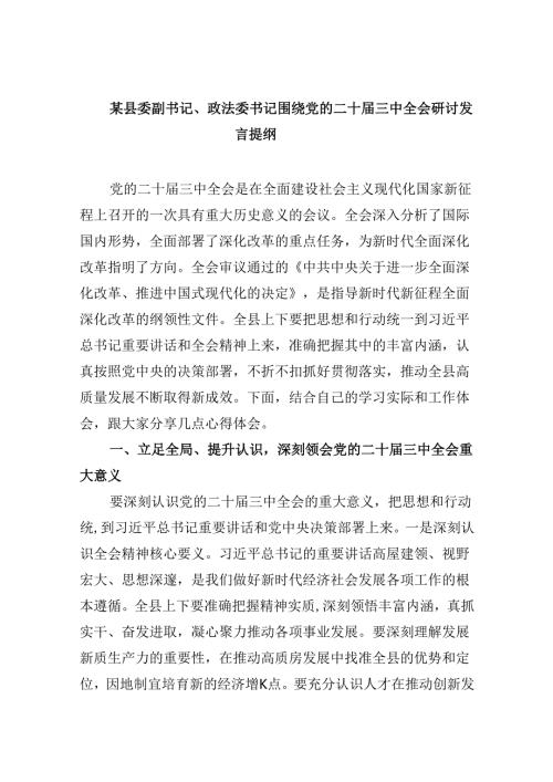 （11篇）某县委副书记、政法委书记围绕党的二十三中全会研讨发言提纲范文.docx