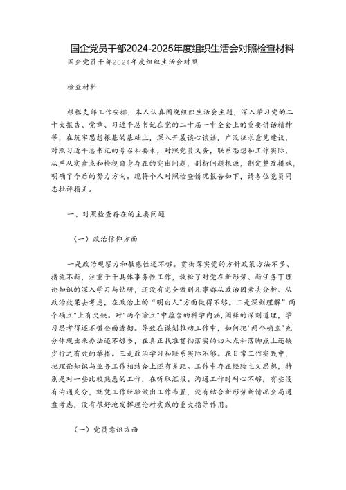 国企党员干部20242025组织生活会对照检查材料.docx