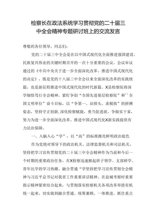 检察长在政法系统学习贯彻党的二十三中全会精神专题研讨班上的交流发言.docx