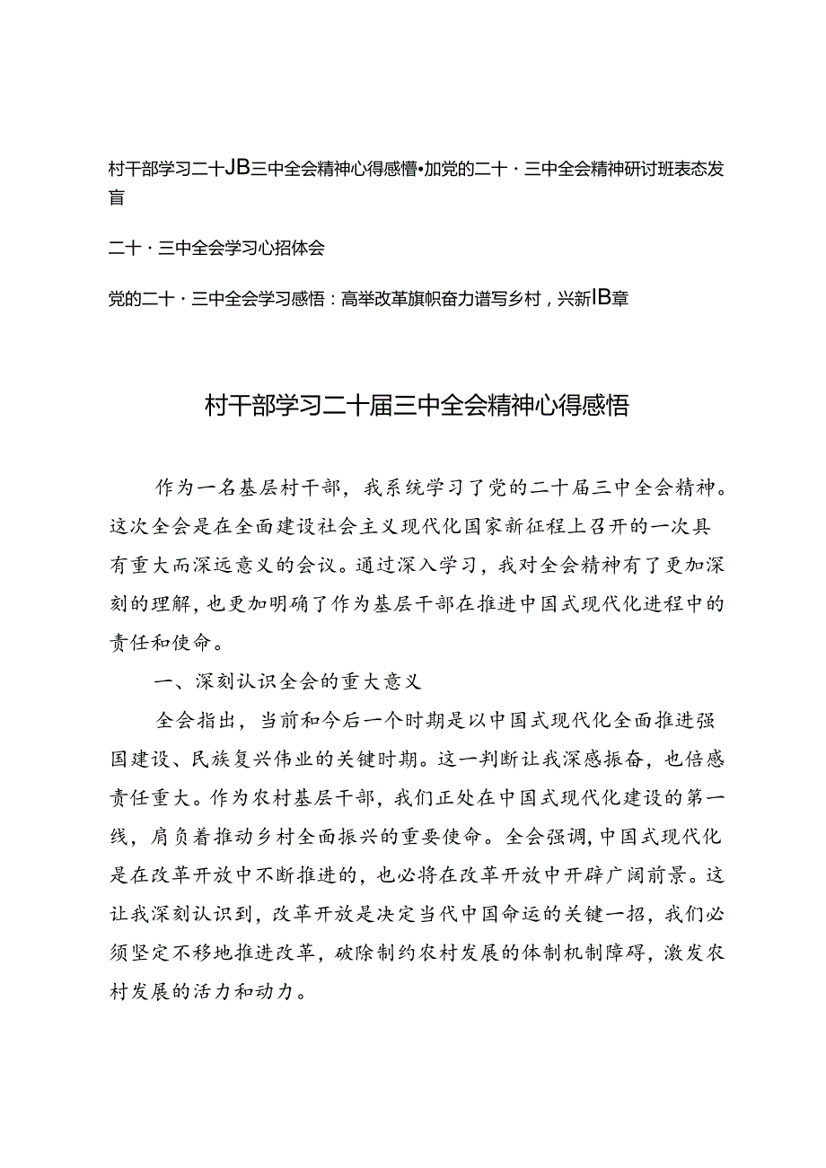 2024年9月村干部学习二十三中全会精神心得体会感悟.docx_第1页