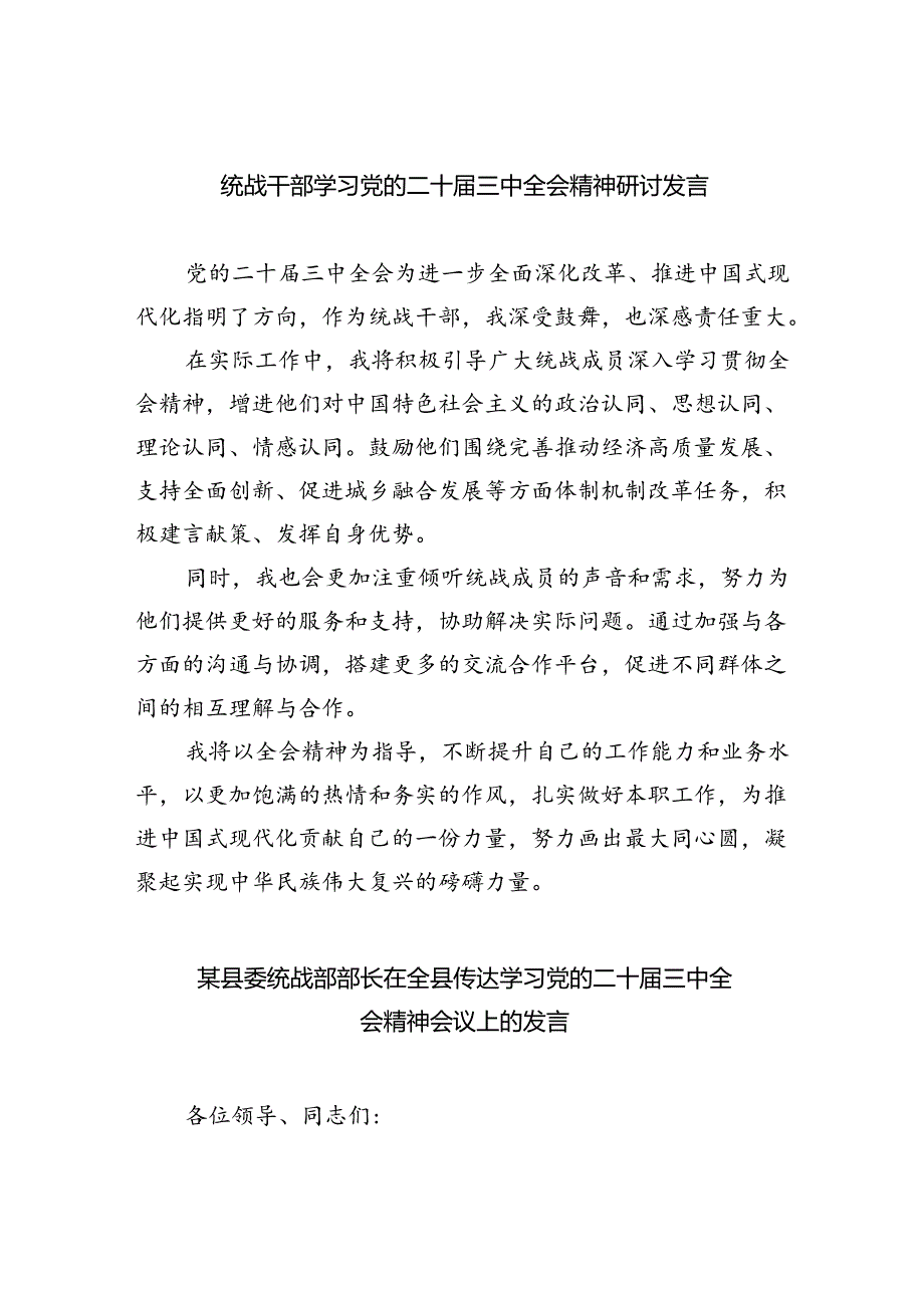 （9篇）统战干部学习党的二十三中全会精神研讨发言（详细版）.docx_第1页