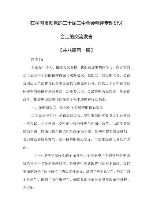 （8篇）在学习贯彻党的二十三中全会精神专题研讨会上的交流发言.docx