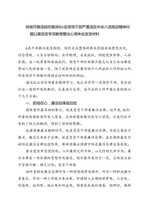 (六篇)持续开展违规吃喝深化6名领导干部严重违反中央八项规定精神问题以案促改专项教育整治心得体会发言材料模板.docx