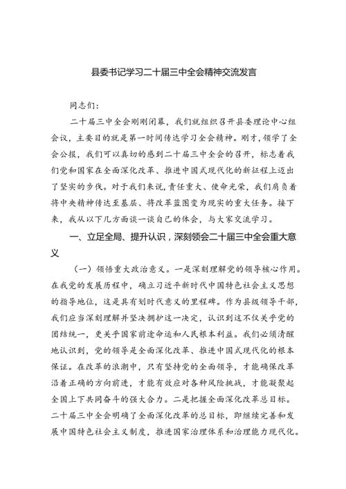 （9篇）县委书记学习二十三中全会精神交流发言范文.docx