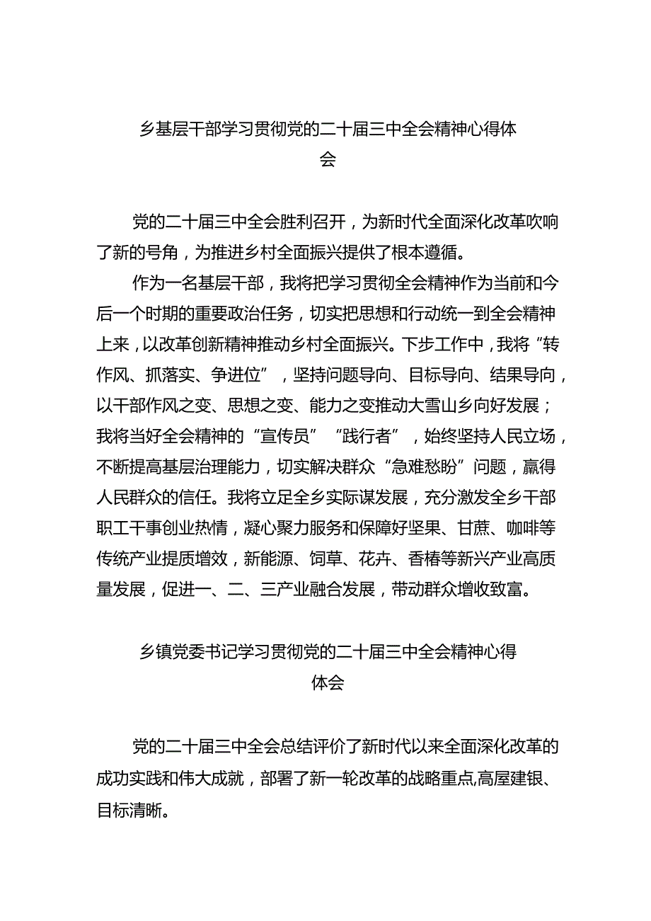 （9篇）乡基层干部学习贯彻党的二十三中全会精神心得体会（精选）.docx_第1页