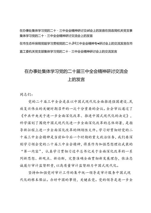 在生态环保局、党支部、办事处集体学习党的二十三中全会精神研讨交流会上的发言.docx