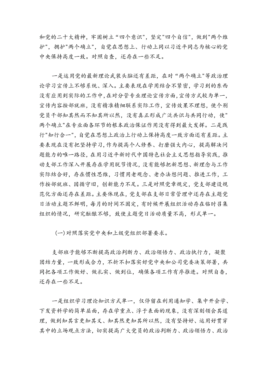 公司党支部班子20242025组织生活会对照检查材料.docx_第2页