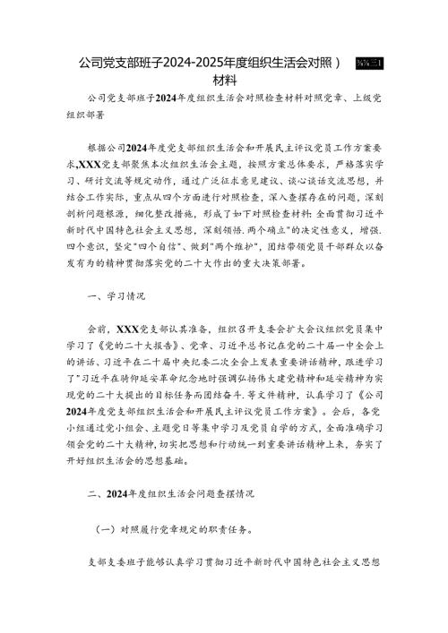 公司党支部班子20242025组织生活会对照检查材料.docx