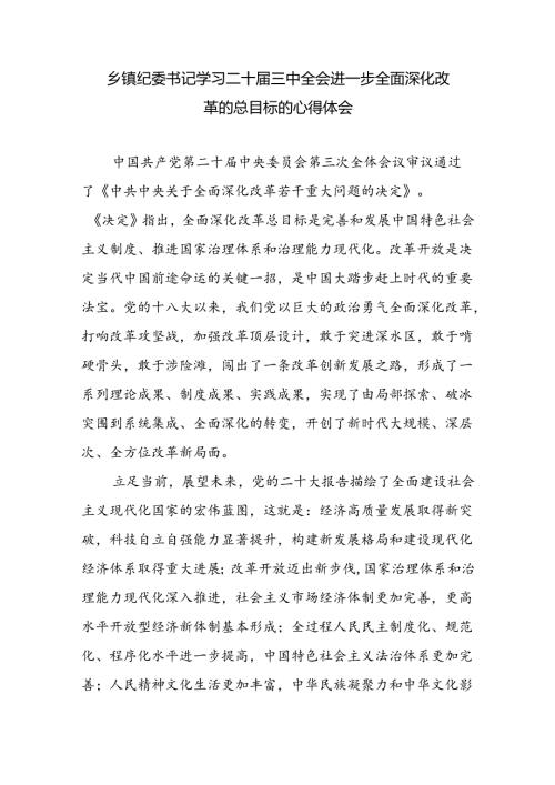 乡镇纪委书记学习二十三中全会精神进一步全面深化改革的总目标的心得体会感想.docx
