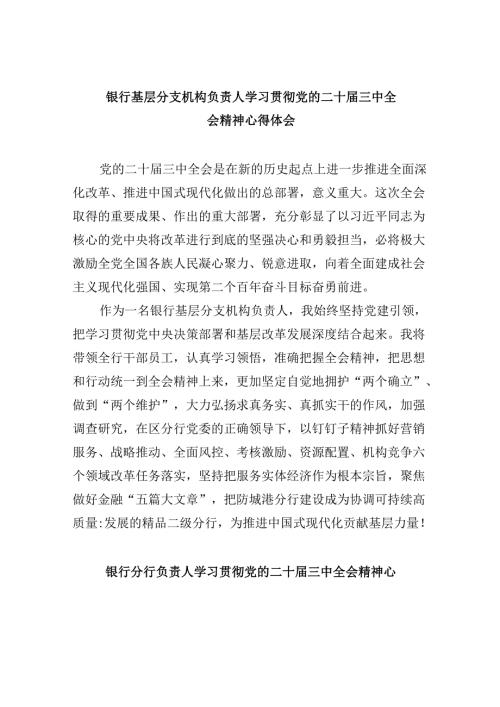 银行基层分支机构负责人学习贯彻党的二十三中全会精神心得体会8篇（最新版）.docx
