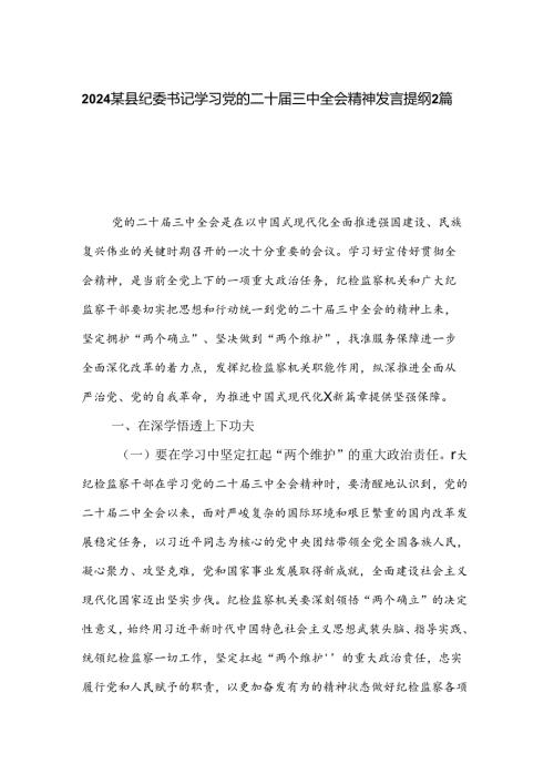 2024某县纪委书记学习党的二十三中全会精神发言提纲2篇.docx