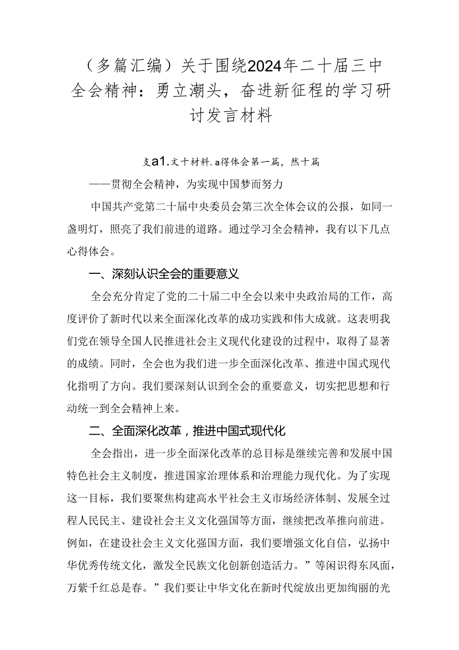 （多篇汇编）关于围绕2024年二十三中全会精神：勇立潮头奋进新征程的学习研讨发言材料.docx_第1页
