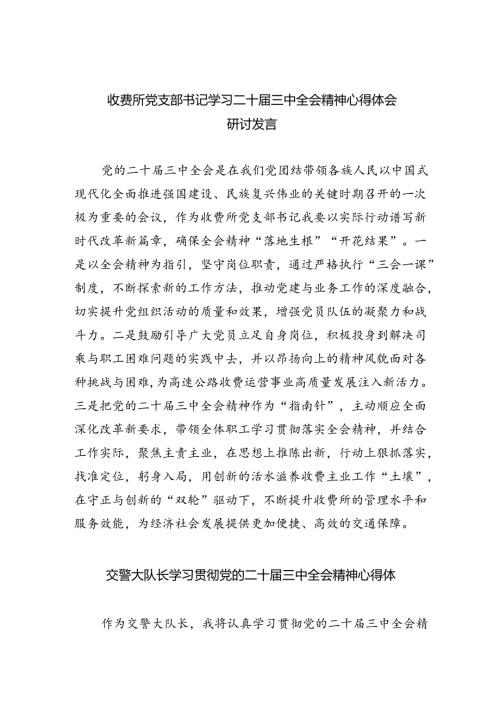 （9篇）收费所党支部书记学习二十三中全会精神心得体会研讨发言（最新版）.docx