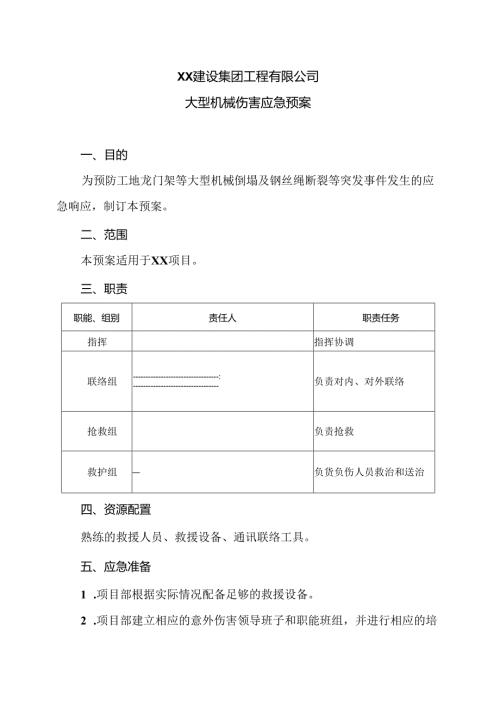 XX建设集团工程有限公司大型机械伤害应急预案（2024年）.docx
