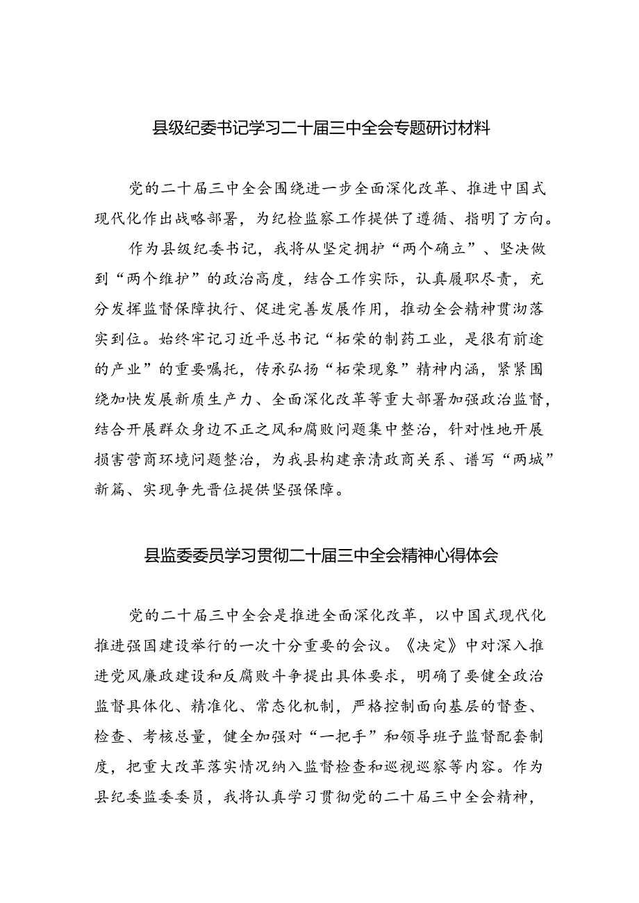县级纪委书记学习二十三中全会专题研讨材料四篇（最新版）.docx_第1页