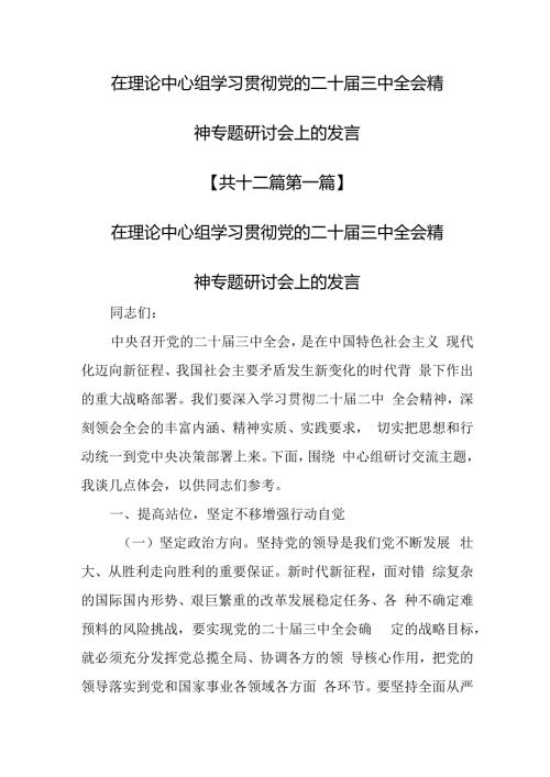 （12篇）在理论中心组学习贯彻党的二十三中全会精神专题研讨会上的发言.docx