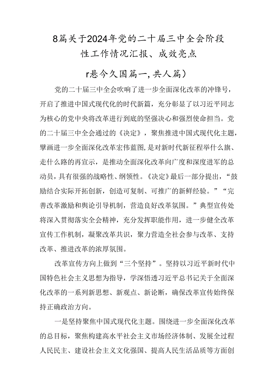 8篇关于2024年党的二十三中全会阶段性工作情况汇报、成效亮点.docx_第1页