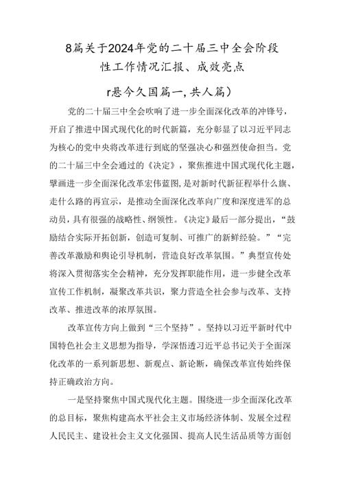 8篇关于2024年党的二十三中全会阶段性工作情况汇报、成效亮点.docx